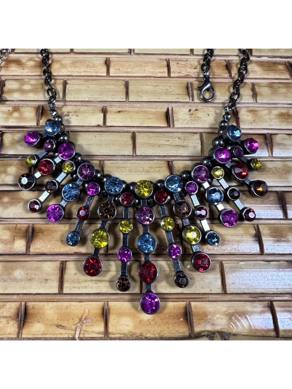 Colorful Statement Necklace With Multi-Colored Rhinestones & Adjustable Chain - Picture 2 of 2